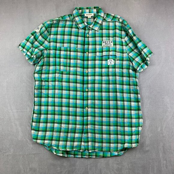 Diesel Mens Shirt XL Green Blue Plaid Button Up Linen Cotton Patches Embroidered - Picture 1 of 11